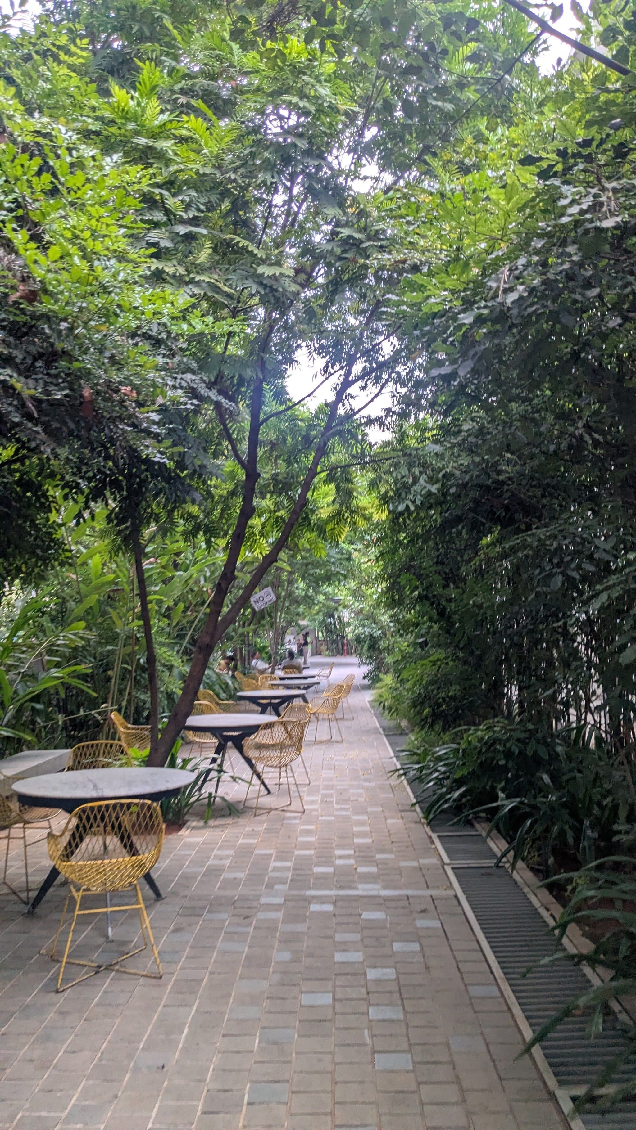 Paved walkway lined with café tables and chairs under dense greenery in a garden setting